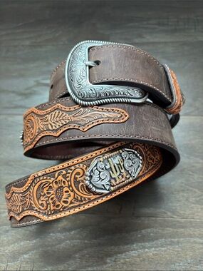 3D Belt Co. Genuine tooled leather,silvertone removable buckle,metal cactus